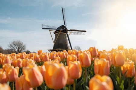 Tulips and windmill in the Netherlands, Holland, Hollandの素材