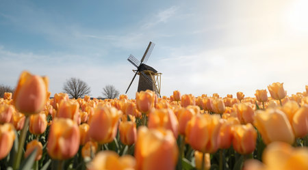 Traditional Dutch windmill with orange tulips in the Netherlands, Hollandの素材