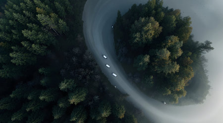 Aerial view of a car driving on a road in the forestの素材
