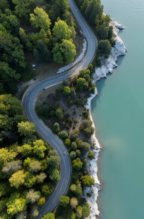 Aerial view of a winding road in the forest at sunset.の素材
