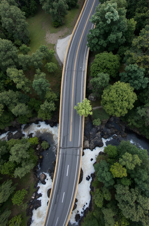 Aerial view of a road in the middle of the forest.の素材