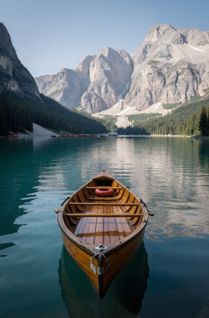 Boat on the lake in the Dolomites, Italy.の素材