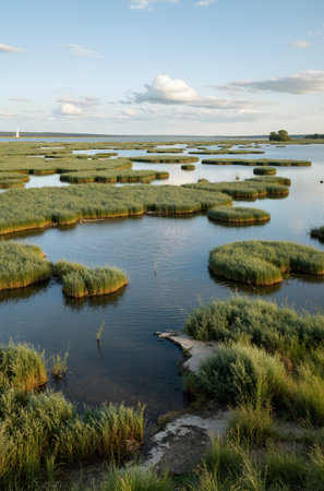 Landscape of the lake with grass and blue sky at sunset.の素材