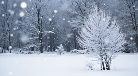 Beautiful winter landscape with snow covered trees and bushes in the parkの素材