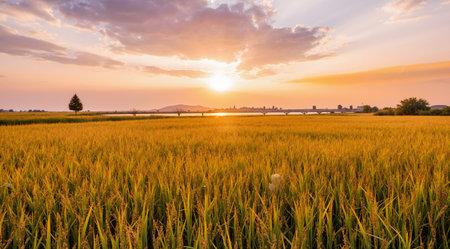 Beautiful sunset over rice field in the countryside of Thailand. Nature background.の素材