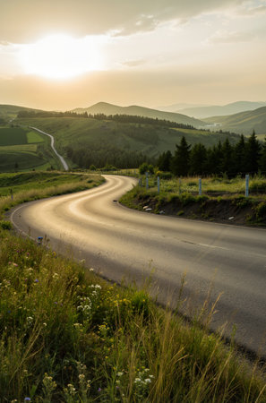 Winding road in the mountains at sunset. Tuscany, Italyの素材