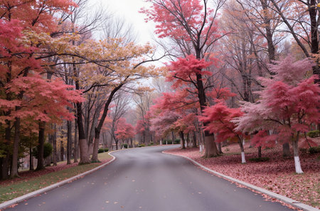 Autumn leaves and road in the park, Autumn season in Japanの素材