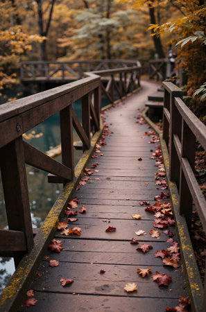 Wooden bridge over the river in autumn park with fallen leaves.の素材