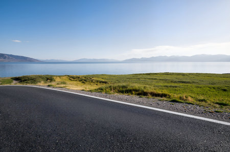 Empty asphalt road on the shore of Lake Tekapo, New Zealandの素材