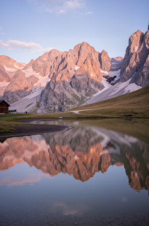 Reflection of the mountains in the lake. Dolomites, Italyの素材