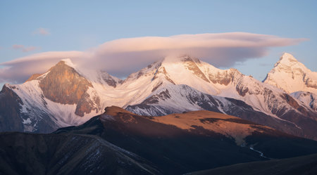 Mountain landscape with snow and clear blue sky in Cordillera Blanca, Peruの素材