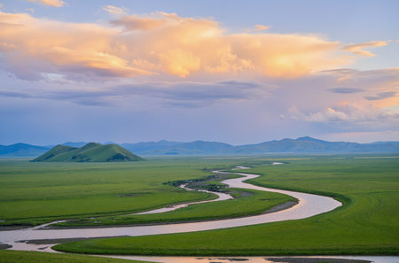 landscape view of grassland and river at sunset in Inner Mongoliaの素材