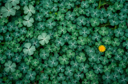 Background of green clover leaves with yellow dandelion flower.の素材