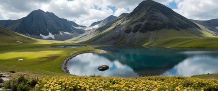 panoramic view of alpine lake and mountain range in summerの素材