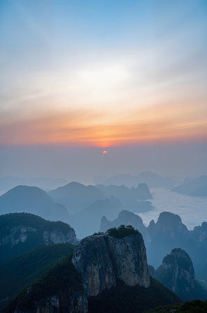 Mountain landscape at sunrise, Huangshan, Anhui Provinceの素材