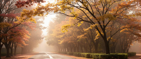 Autumn landscape with road and colorful trees in foggy morning.の素材