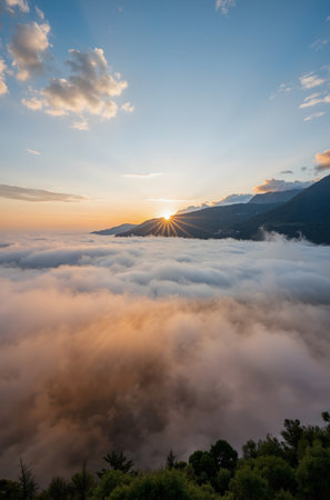 Sunrise over the sea of clouds in the mountains in Montenegroの素材