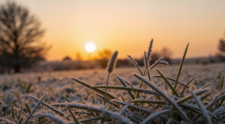 Frosted grass on a meadow at sunset in winter.の素材