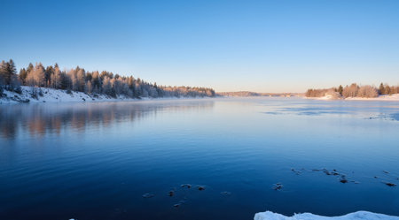 Beautiful winter landscape with frozen lake and forest on the horizon.の素材