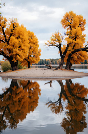 Autumn landscape with yellow trees reflected in the lake. Shallow depth of fieldの素材