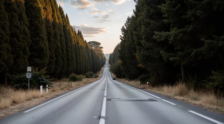 Asphalt road through the coniferous forest in the evening.の素材