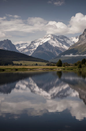 Mountain lake with reflection of mountains and clouds in the water.の素材