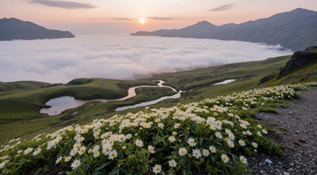 Sunrise in the mountains with white flowers in the foreground and fogの素材