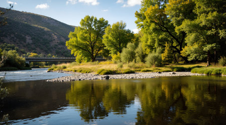 Landscape of the river and the bridge in the mountains on a sunny dayの素材