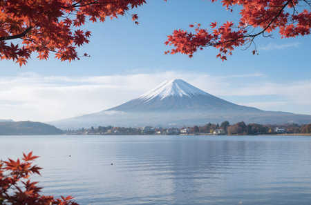 Mt Fuji with maple leaf at Kawaguchiko lake in Japanの素材