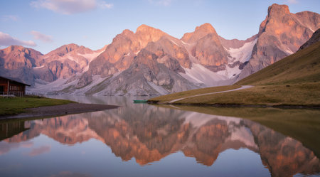 Alpine lake in the Dolomites at sunrise, Italy.の素材