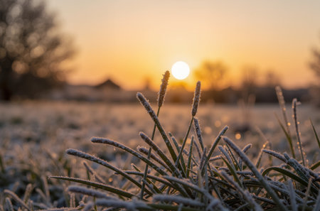 Frosted grass in the field at sunset. Beautiful winter landscape.の素材