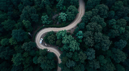 Aerial view of a road in the forest in the evening.の素材