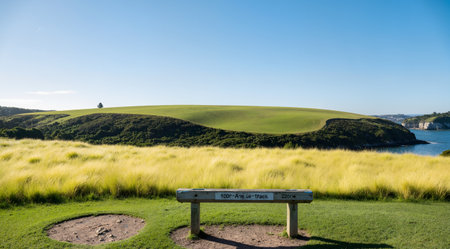 Landscape view of a golf course with a blue sky in New Zealandの素材