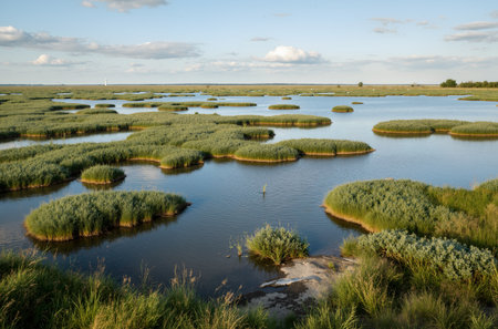 Flooded marshland in the Netherlands with reeds in the foregroundの素材