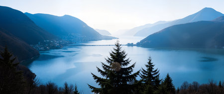 Panoramic view of Lake Como in the morning, Italyの素材