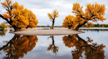 Autumn lake landscape with yellow trees and reflection in water, Russiaの素材
