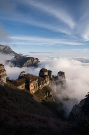 Mountain landscape with clouds and fog in the morning, Meteora, Greeceの素材