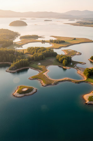Aerial view of beautiful landscape with lake and forest at sunset timeの素材