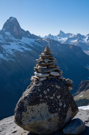 Pyramid of stones on the top of a mountain in the Swiss Alpsの素材