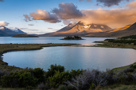 Patagonia landscape with lake, mountains and clouds at sunset.の素材