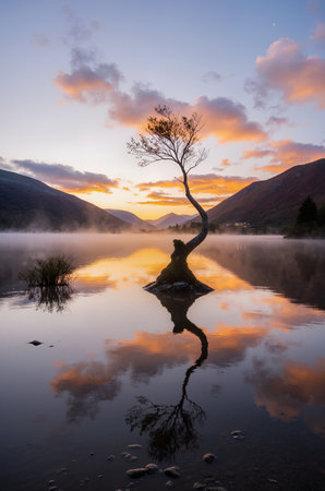 Lonely tree on the lake at sunrise, Scotland, UKの素材