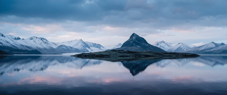 Panoramic image of a mountain reflected in a lake at sunsetの素材