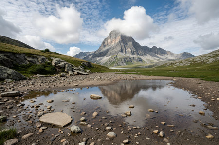 Mountain landscape with lake and reflection in water, Dolomites, Italyの素材