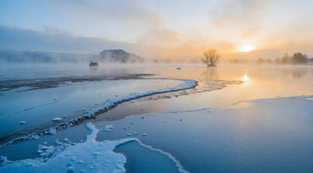 Foggy morning on the river in winter. Landscape.の素材