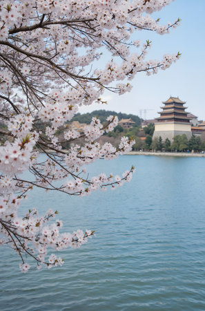 Cherry blossoms in full bloom at the Imperial Palace in Beijing, Chinaの素材