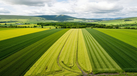 Aerial view of green agricultural fields with tractor tracks in summer.の素材