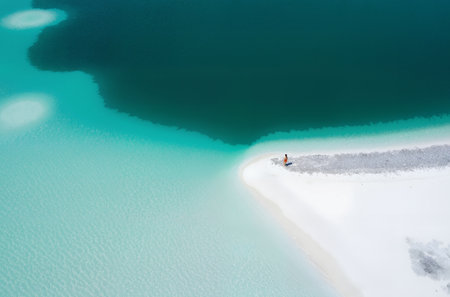 Aerial view of a man sitting on a white sand beach with turquoise waterの素材