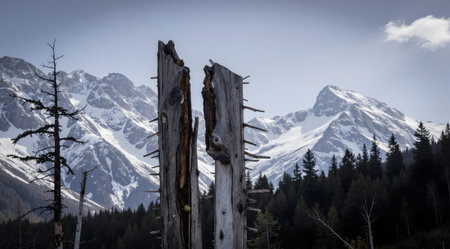 Wooden post in front of a snowy mountain range in the Canadian Rockiesの素材