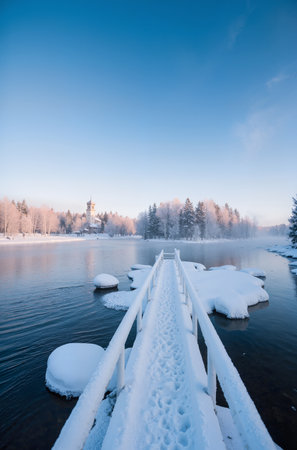 Beautiful winter landscape with frozen lake and wooden bridge over it.の素材