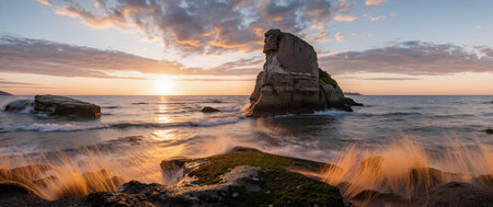 Panoramic view of the sunset over the rocks in the seaの素材